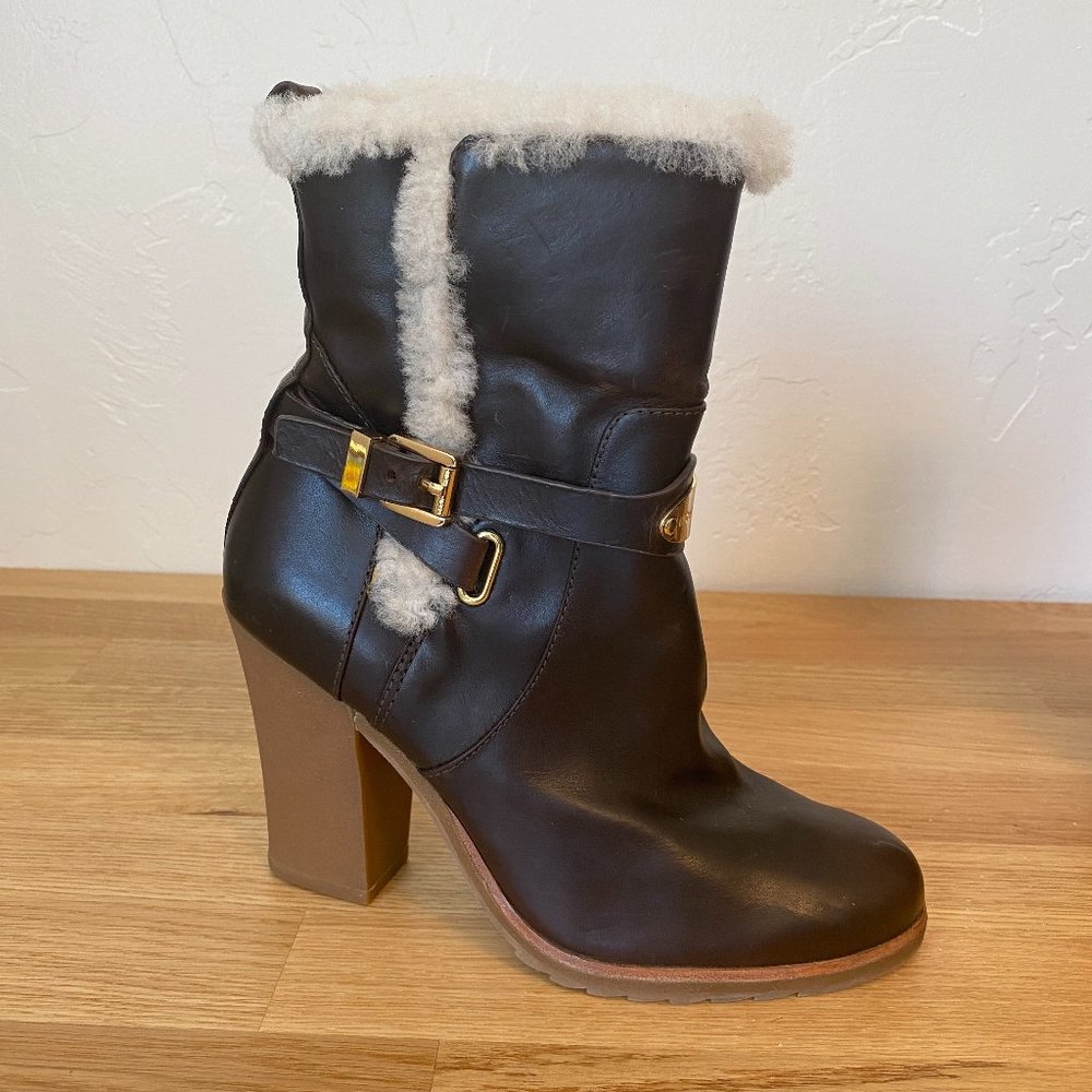 MICHAEL KORS Women's Brown Leather Shearling Heeled Boots Size 7